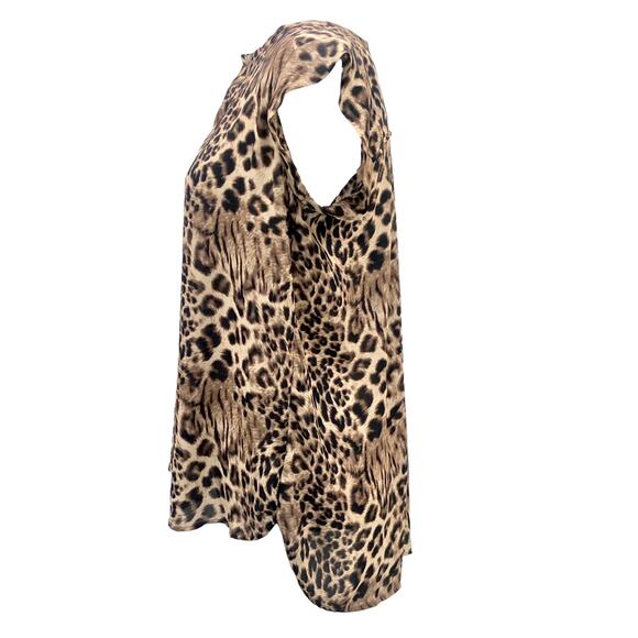 Pleione Brown Cream Leopard Print Notched V-Neck Cap Sleeve Hi-Lo Blouse - Picture 3 of 8